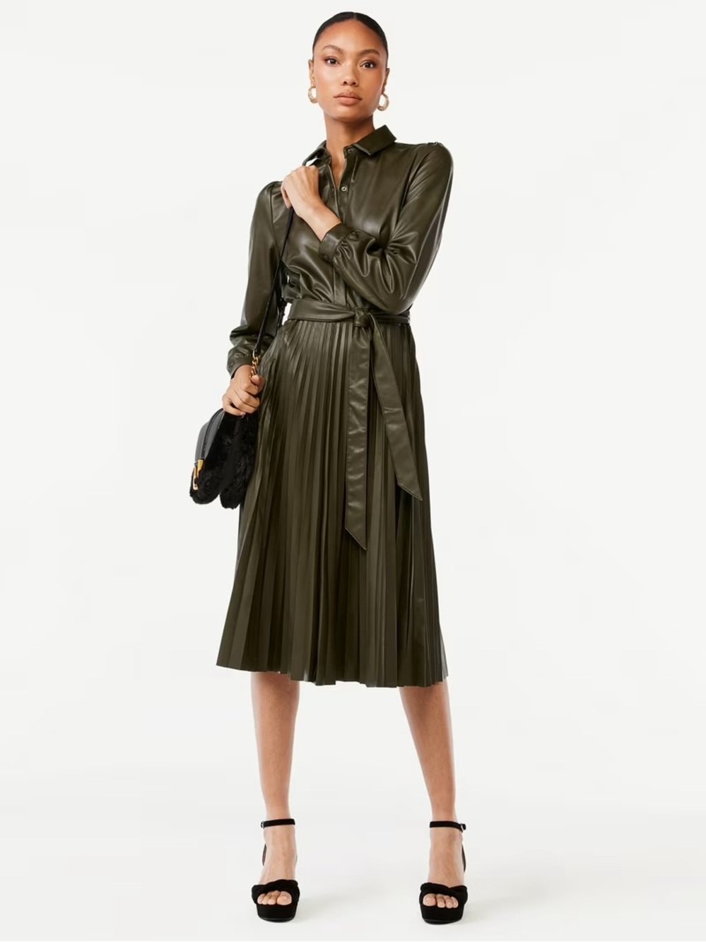 Chelsea28 Olive Green Faux Leather Belted Shirt Dress